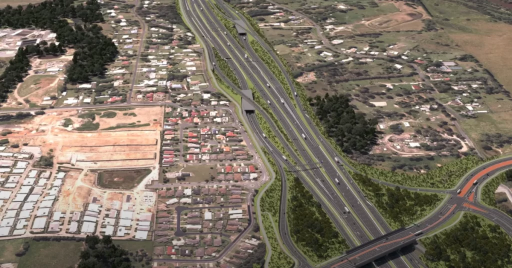 Aerial view of Bruce Highway near Caboolture-Bribie Island Road interchange